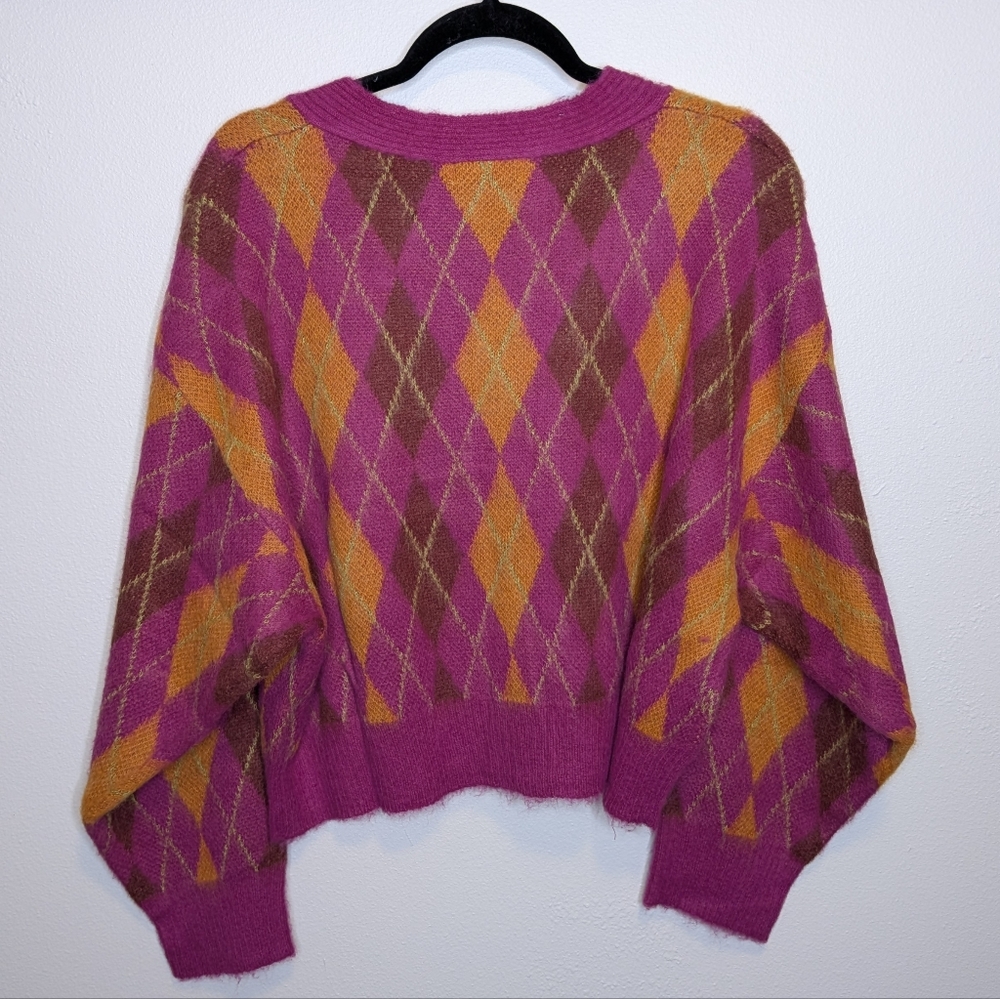 NWT Large Daydreamer Fuschia Sunset Argyle Cropped Plaid Cardigan Sweater - Picture 3 of 4